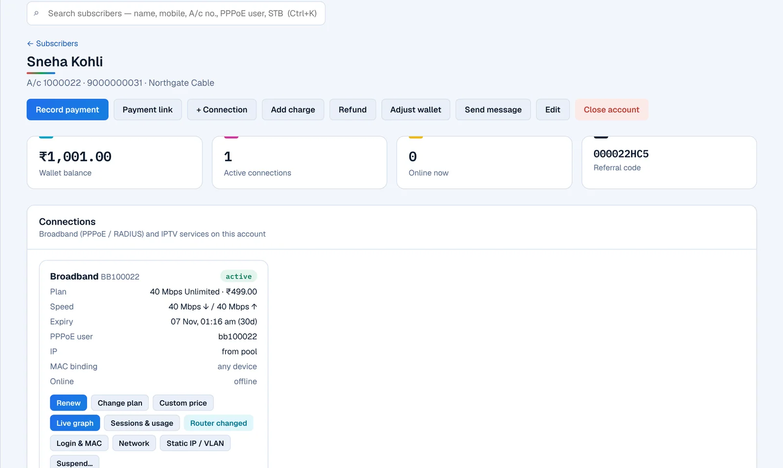 Subscriber account with a broadband connection, PPPoE user, plan, expiry and renewal actions, shown with sample data
