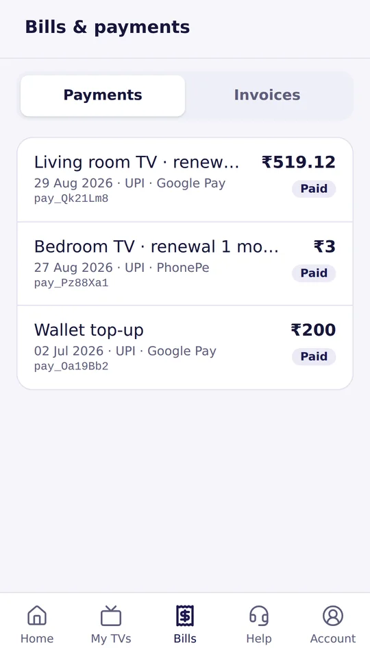 Bills and payments: renewals and wallet top-ups paid by UPI