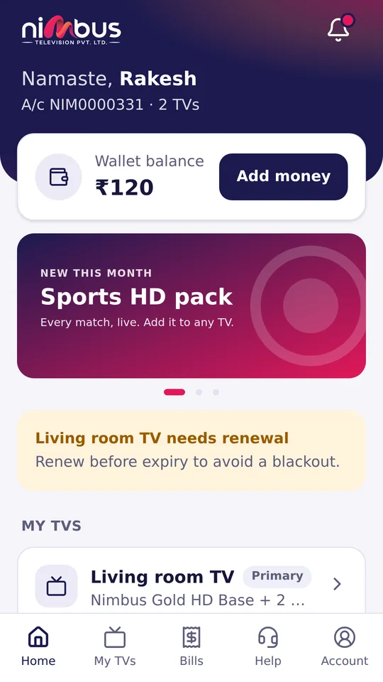 App home screen: wallet balance, renewal reminder and the TVs on the account