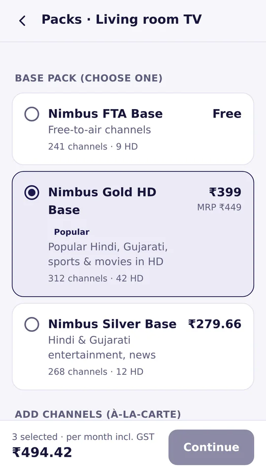 Choosing a TV base pack and add-on channels, with the monthly total including GST