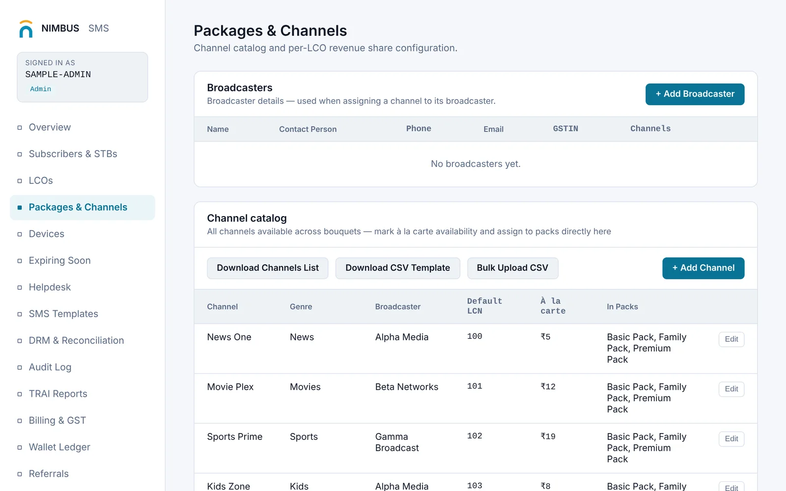 Nimbus SMS Packages & Channels screen with the channel catalog, shown with sample data
